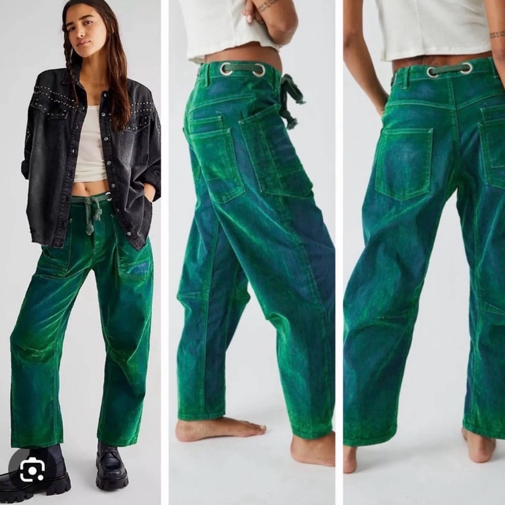 Free People We The Free Moxie Pull-On Barrel Jeans in Kelly Green - Picture 4 of 11